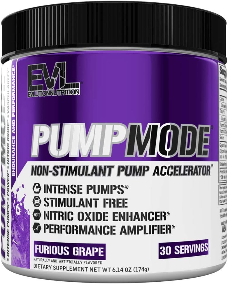 EVL PumpMode Nitric Oxide Supplement - Nitric Oxide Booster Pump Pre Workout Powder with Glycerol and Betaine for Muscle Recovery Growth and Endurance - Stim Free Pre Workout Drink (Furious Grape)