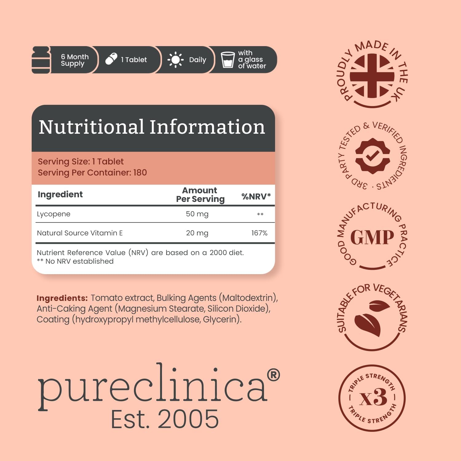 pureclinica 50mg Lycopene x 360 Tablets (2 Bottles of 180 Tablets Each - 12 Months Supply). Triple Strength Lycopene are 3 x Strength of Regular Tablets.