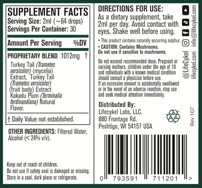 Life Cykel - Turkey Tail Mushroom Liquid Extract with Kakadu Plum - Immune Support & Digestive Health Prebiotic Supplement - Vegan, Non-GMO and Gluten Free - 4 Fl Oz