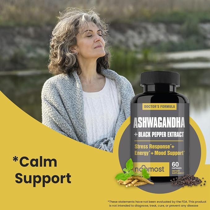 NooMost Ashwagandha Root Extract 15:1 with Black Pepper for Better Absorption - 60 Capsules - Natural Stress, Energy, Focus & Sleep Support - Adaptogen Supplement for Men & Women - Made in USA