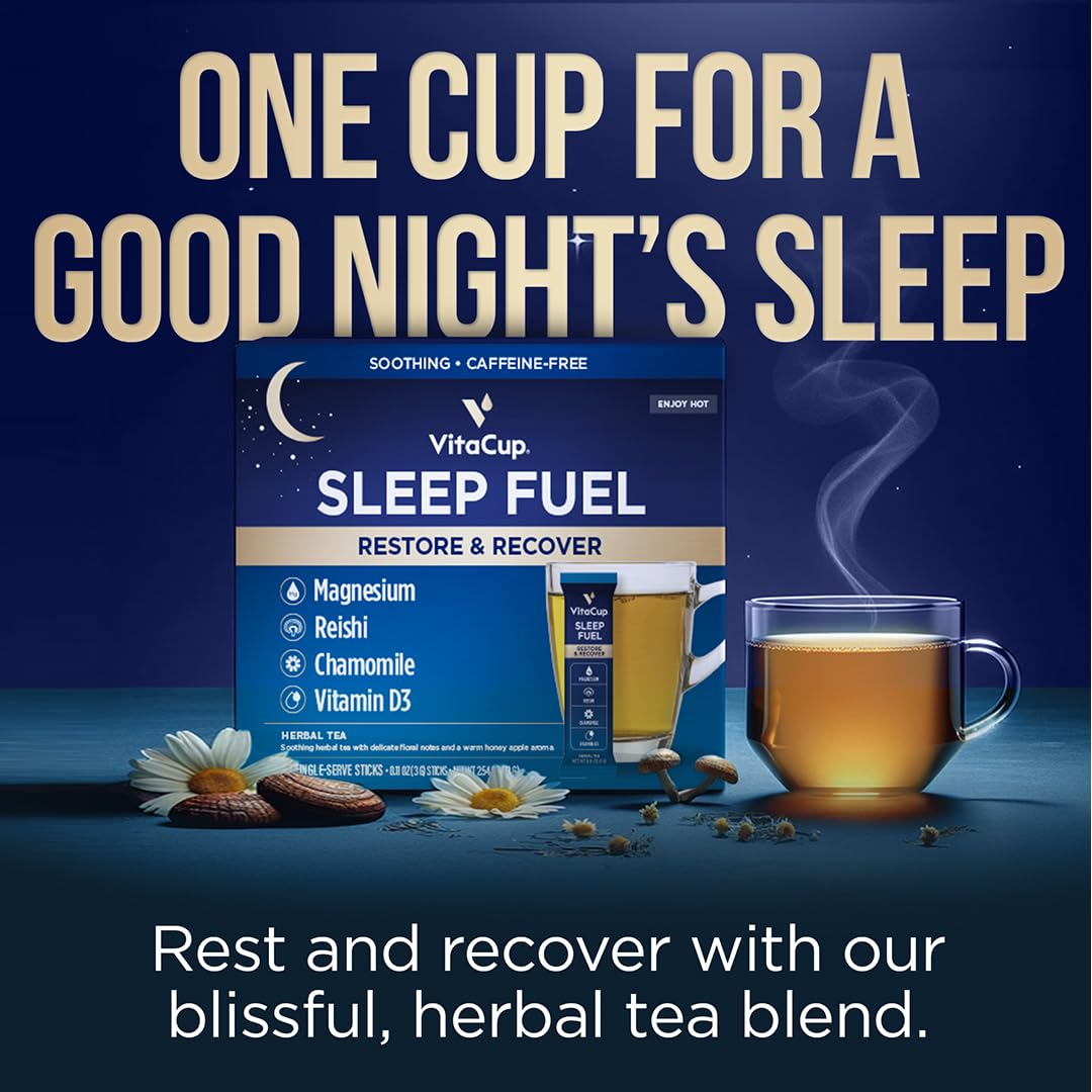 VitaCup Sleep Fuel Instant Tea Packets for Deep REM Sleep, Relax & De-Stress w/Chamomile, Magnesium, Vitamin D3, Coconut Water, Coconut Milk, Potassium, Calming for Full Body Relaxation, 48Ct