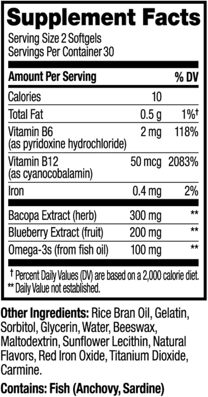 OLLY Ultra Strength Brain Softgels, Nootropic, Supports Healthy Brain Function, Memory, Focus and Concentration, Omega-3s, Vitamins B6 and B12, 30 Day Supply - 60 Count (Pack of 2)