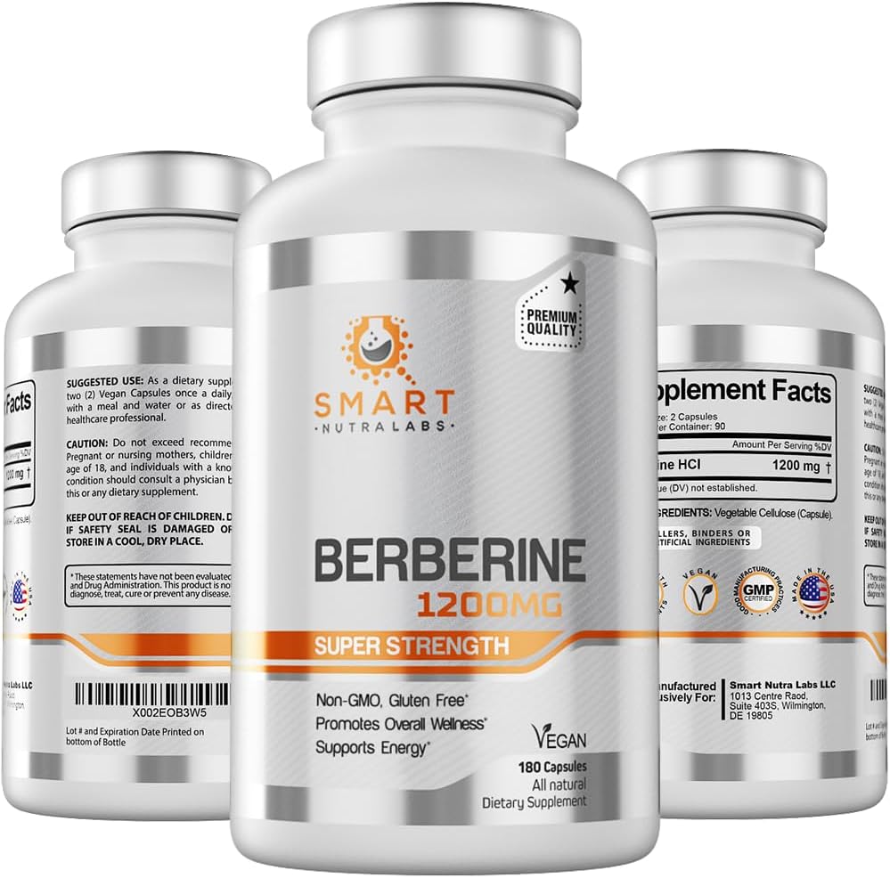 Smart Nutra Labs Premium Berberine HCL 1200mg- 180 Vegan Capsules, 100% Pure Berberine Supplement- Non-GMO, Gluten Free