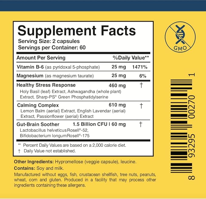 Researched Nutritionals AnxiaEase - Stress, Cortisol Management & Mood Support Supplement - Botanicals, Vitamin B6, Magnesium & 'Psychobiotic' Probiotic Strains (120 Capsules)