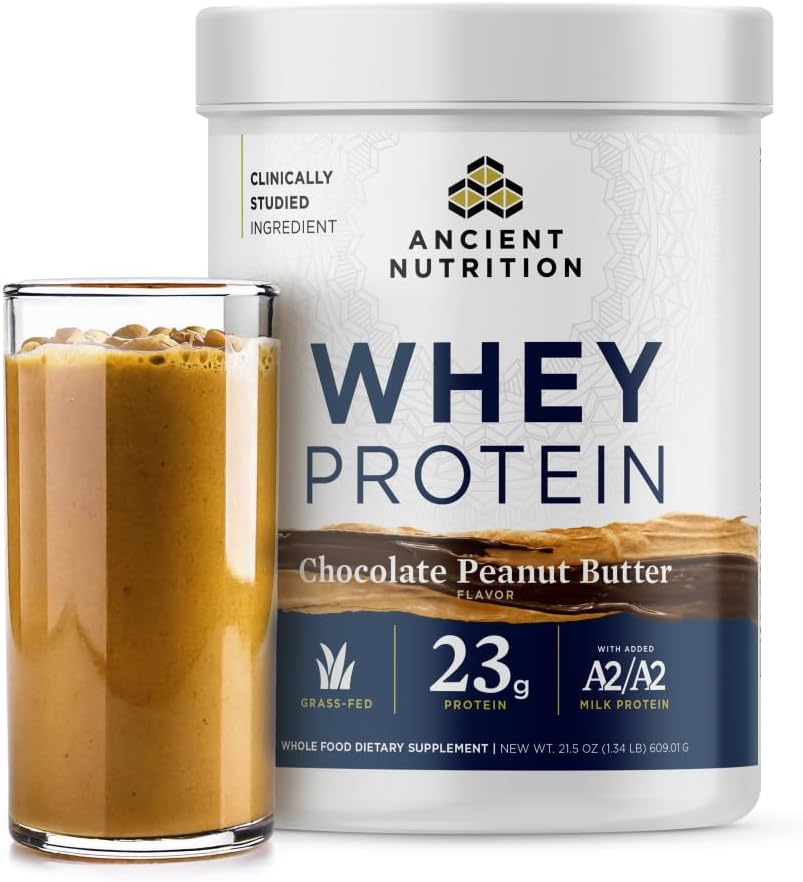 Ancient Nutrition Grass Fed Whey Protein, Chocolate Peanut Butter, 23g Protein, 18 Servings, Hydrolyzed Collagen Peptides, Organic Regenerative A2/A2 Milk Protein