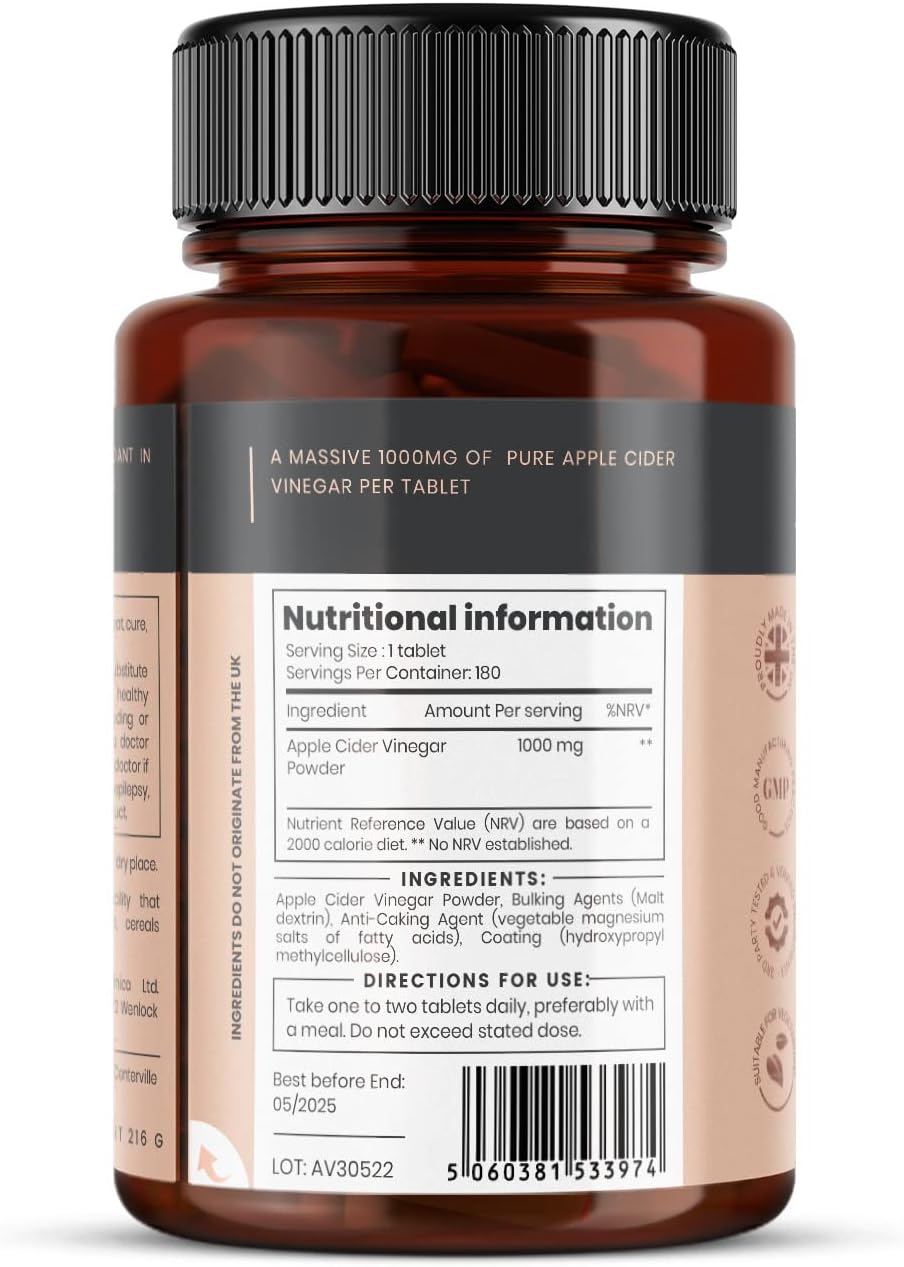 Double Strength Apple Cider Vinegar 1000mg x 360 Tablets (2 Bottles of 180 Tablets - 1 Years Supply)