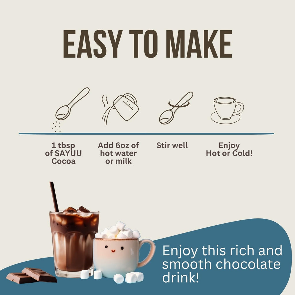 SAYUU Mushroom Coffee Hot Cocoa Mix –Instant Coffee Blend Enriched with Reishi, L-Theanine, Melatonin, Rich Cacao Flavor, Gut & Immune Health Support, Quick & Easy Bedtime Drink - 20 Servings