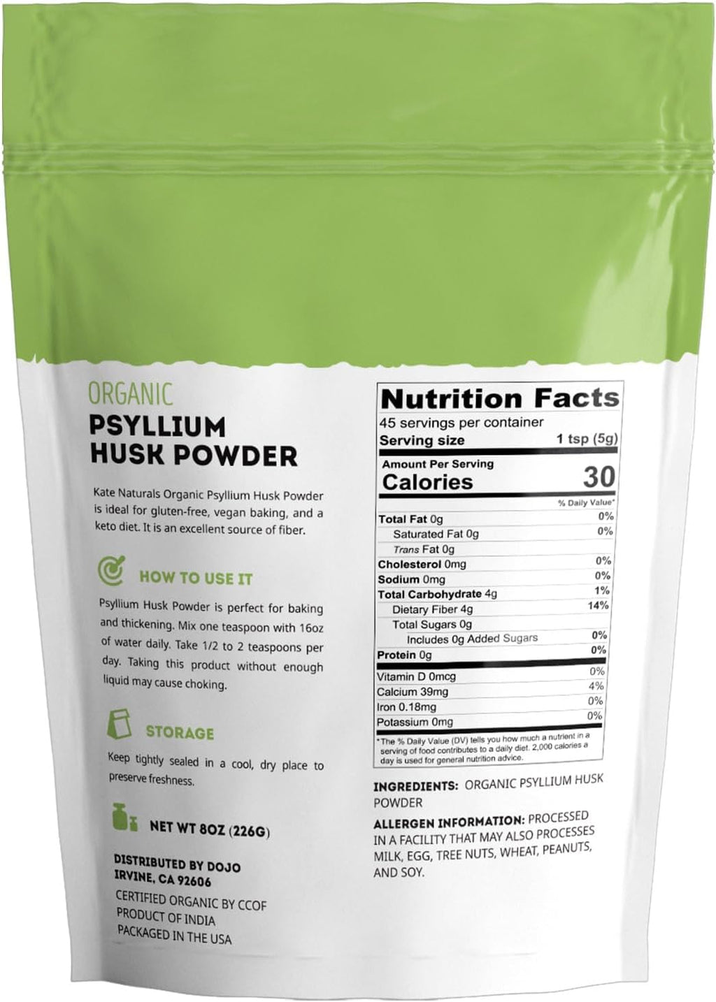 Kate Naturals Psyllium Husk Powder for Baking, Fiber. Psyllium Seed Powder for Dogs & Cats (8oz, Organic, Gluten Free, Pet Safe)