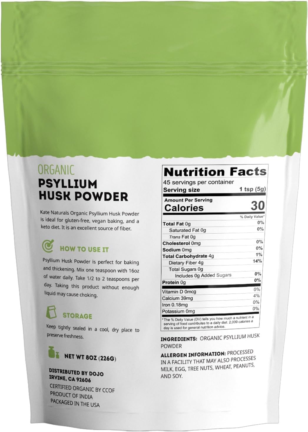 Kate Naturals Psyllium Husk Powder for Baking, Fiber. Psyllium Seed Powder for Dogs & Cats (8oz, Organic, Gluten Free, Pet Safe)