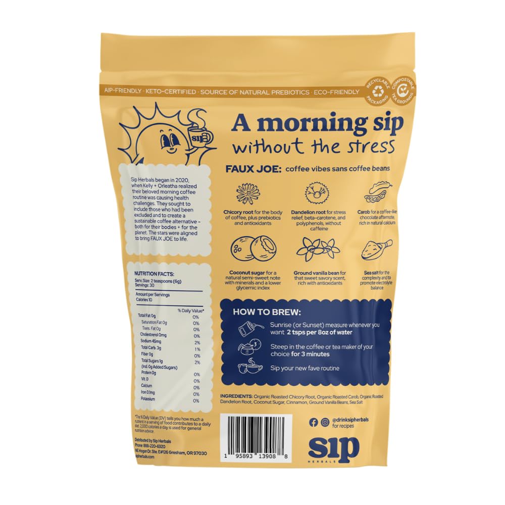 Sip Herbal Caffeine-Free Coffee Alternative - Organic Dandelion Root Tea with Chicory & Carob - Rich Herbal Coffee Substitute in Cozy Cinnamon Roll Flavor - 30 Servings for Daily Wellness