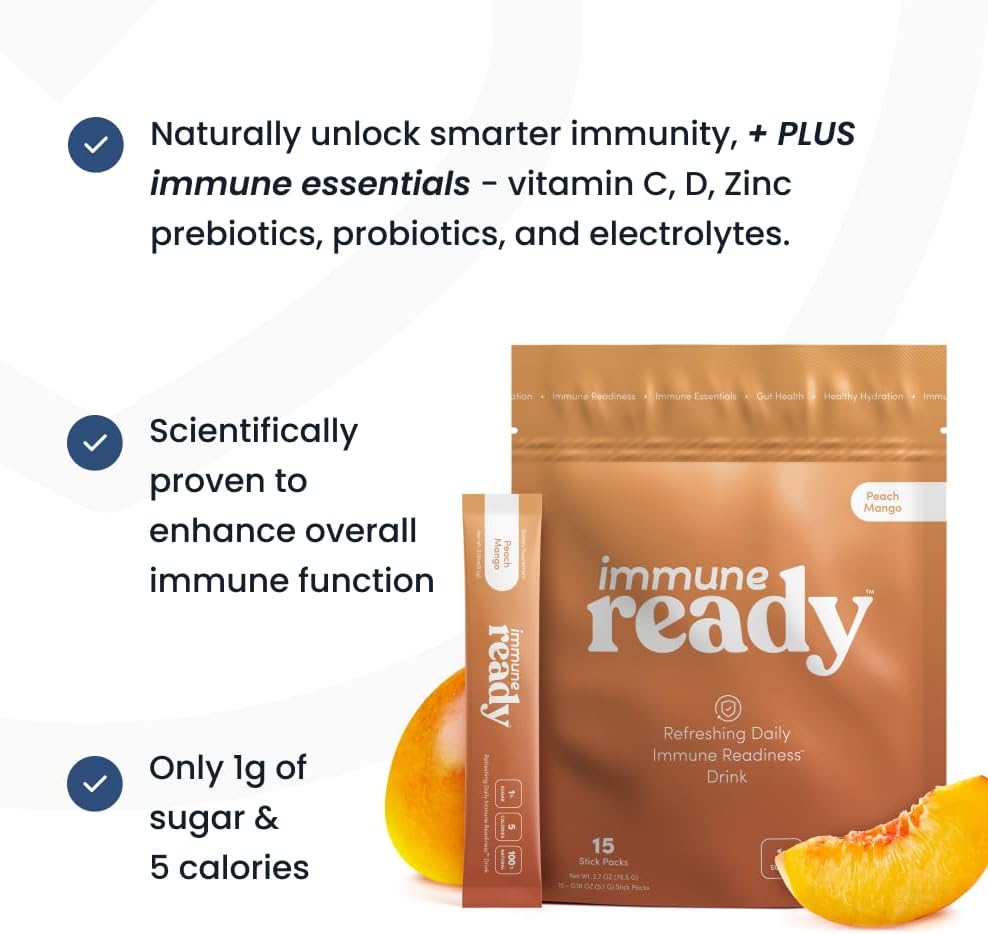 Immune Ready™ Electrolytes Powder Packets - Vitamin C Immune Support Drink Mix with Zinc, D3 & Beta Glucan - Low Sugar Hydration, Delicious Peach Mango Flavor