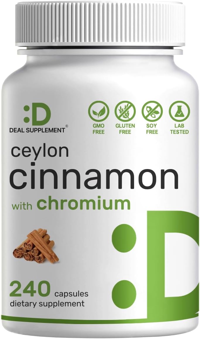 Ceylon Cinnamon 6,000mg with Chromium 1,000mcg Per Serving, 240 Capsules –Active Inner Bark Extract – True Sri Lanka Source – Natural Cinnamon Supplements– Non-GMO
