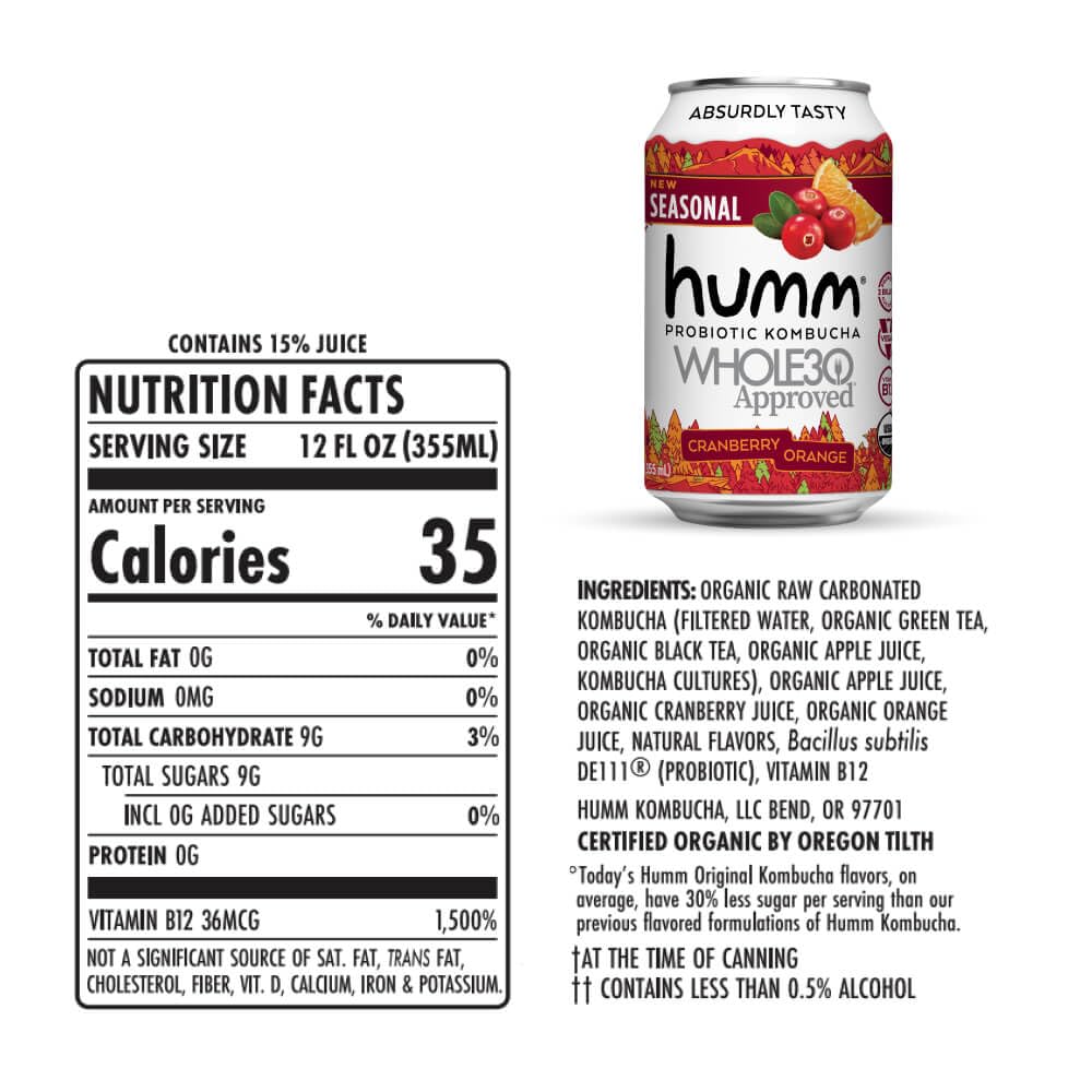 Humm Whole30 Approved Kombucha, Cranberry Orange, Organic, Vegan & GMO Free (12 Pack)