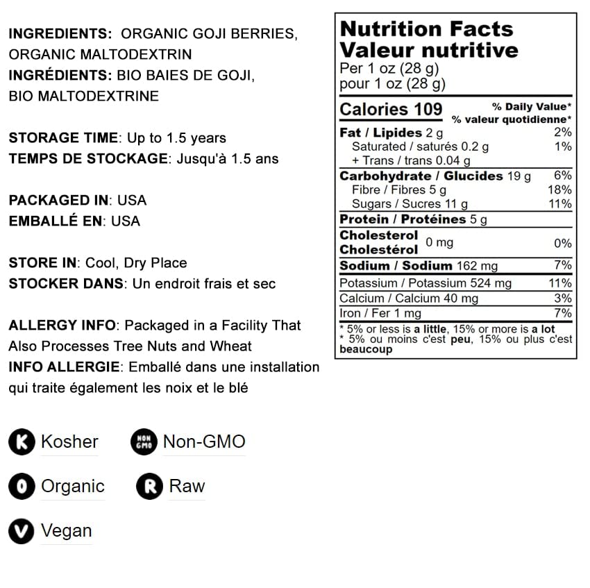 Food to Live Organic Goji Berry Powder, 1 Pound Non-GMO, Kosher, Vegan, Bulk, Contains Maltodextrin