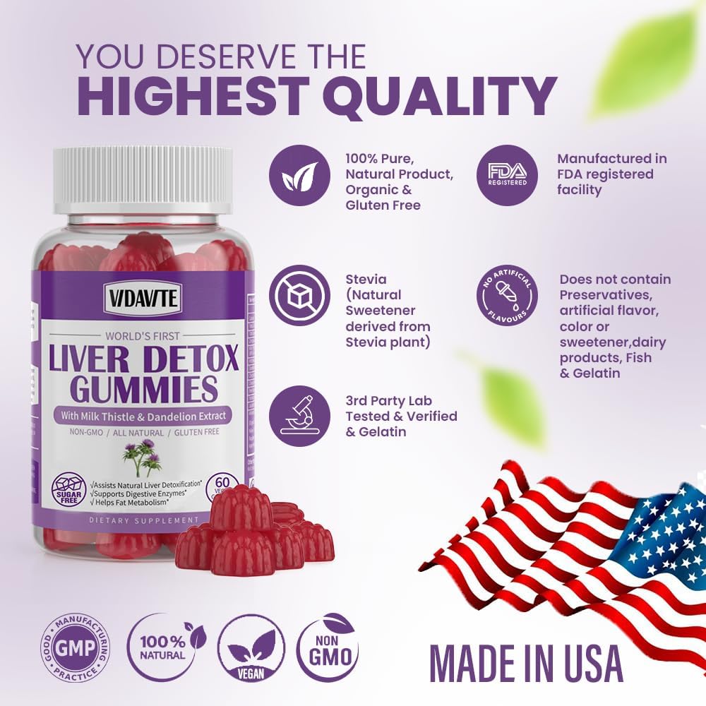 Liver Cleanse Detox & Repair Gummies — Sugar-free, US-Made, 1500mg Milk Thistle Supplement with Artichoke, Dandelion and 20+ Herbs — Liver Support Supplement for Men & Women(60 Vegan Gummies)