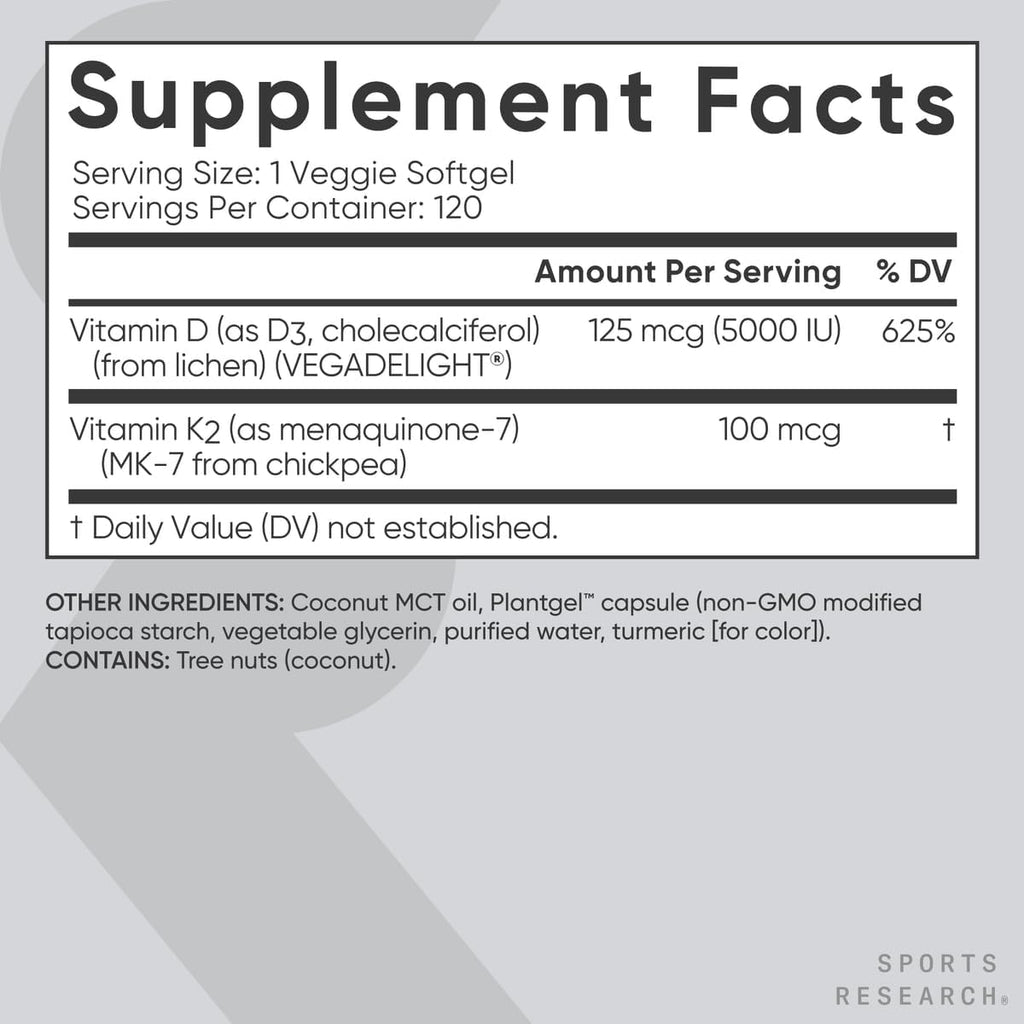 Sports Research® Vitamin D3 + K2 with Coconut MCT Oil | Vegan D3 5000 IU with K2 100 mcg for Bone & Immune Health | Vegan Certified, Soy & Gluten Free - 120 Softgels