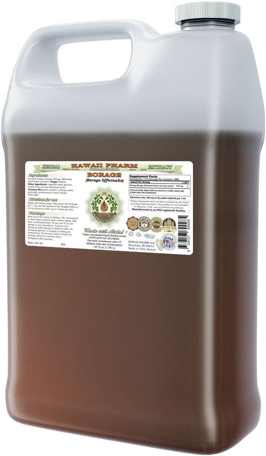 Borage Alcohol-Free Liquid Extract, Borage (Borago Officinalis) Dried Flower and Herb Glycerite Hawaii Pharm Natural Herbal Supplement 64 oz