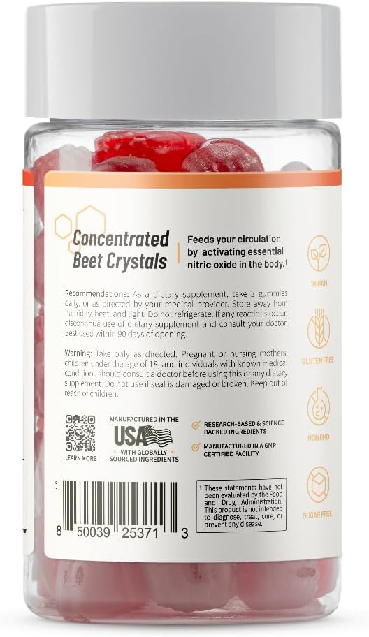 Snap Supplements Nitric Oxide Beet Root Gummies Supplement with Organic Beets - Energy & Circulation Support, 60 Sugar-Free Gummies (30 Servings, 1 Month Supply), Peach