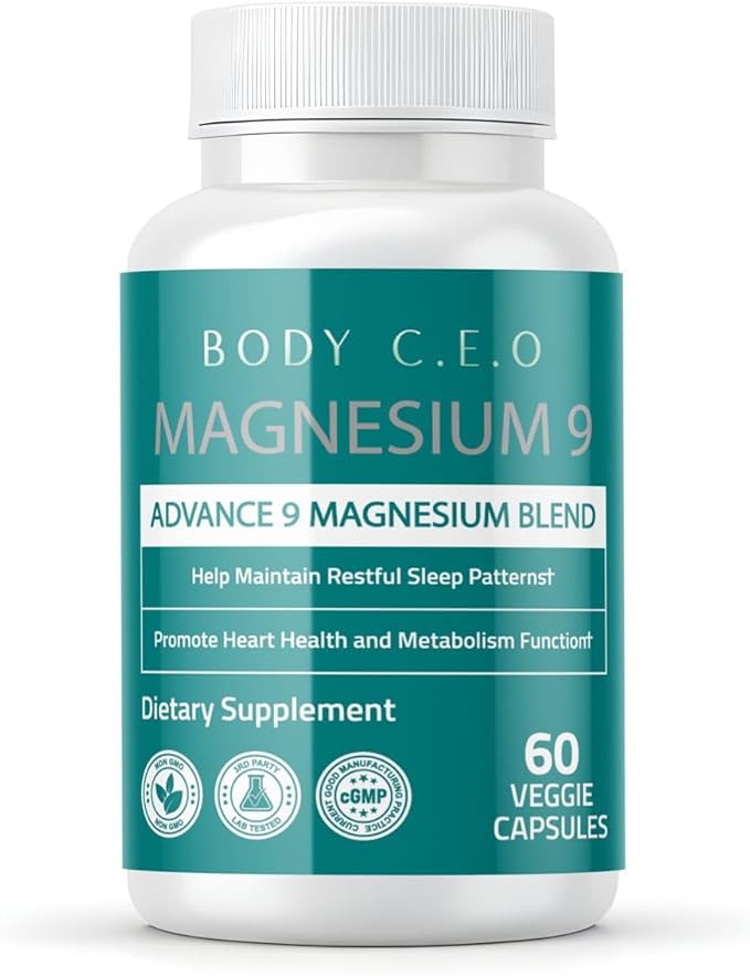 Body C.E.O. Magnesium 9 - Full-Spectrum Blend with Malate, Citrate, Glycinate, Taurate, Orotate & More - Supports Healthy Sleep, Calm, Muscle Relaxation & Focus - 60 Veggie Capsules