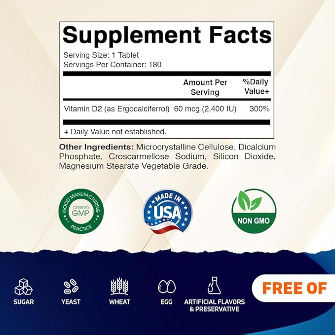 Vitamatic Vitamin D2 60 mcg (2400 IU) - Ergocalciferol - 180 Vegetarian Tablets (180 Tablets (Pack of 1)) (2 Bottles)