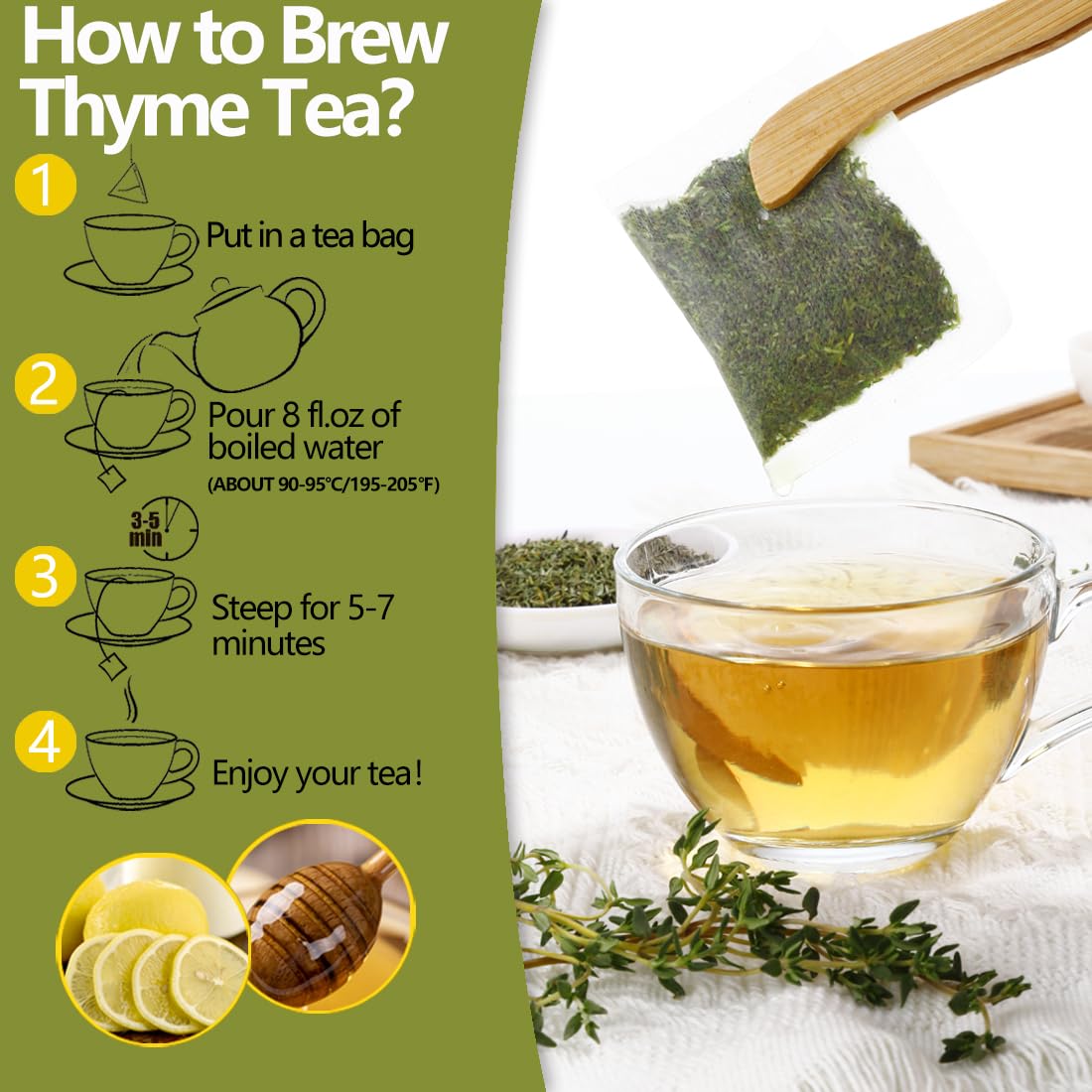 Premium 100 Thyme Leaf Tea Bags, Made with 100% Pure Thyme Leaves, Aid Digestion & Support Respiratory, No Additives & Caffeine Free。