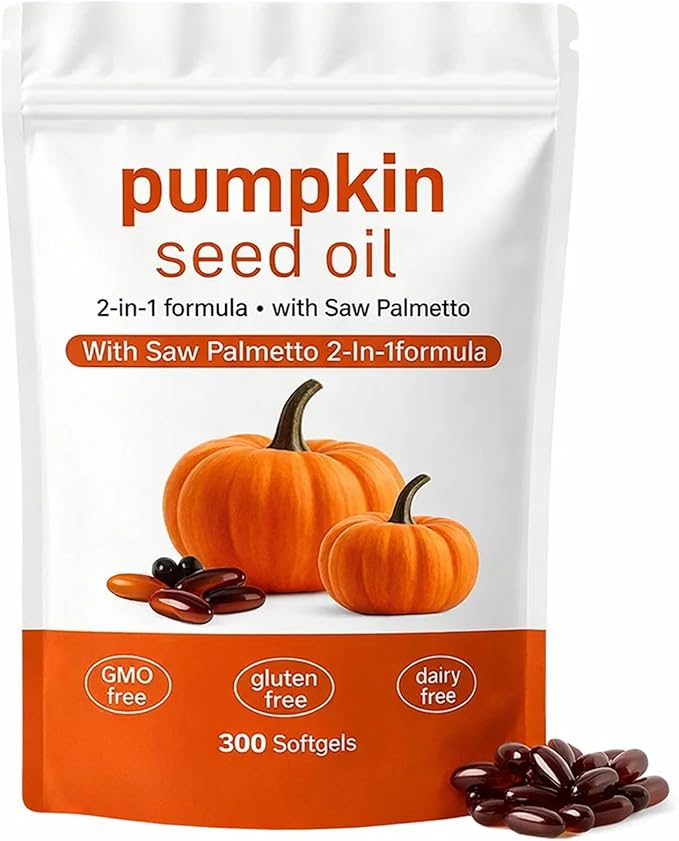 Pumpkin Seed Oil Capsules, 2 in 1 Pumpkin Seed Oil with Saw Palmetto for Hair, 3000mg Pure & Natural Supplement, Supports Hair Heart Skin Supplement, Non-GMO, Gluten Free, 300 Softgels (1)
