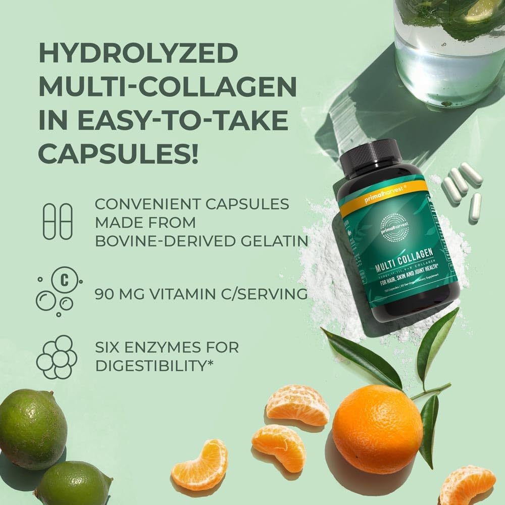 Primal Harvest 2 Pack, Multi Collagen Pills for Women and Men (Type I, II, III, V, X) Collagen Supplements for Women and Men, 120 Capsules w/Vitamin C for Hair, Skin, Nails Collagen Peptides Pills