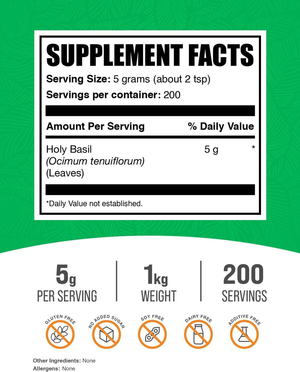BulkSupplements.com Holy Basil Powder - Holy Basil Supplement, Holy Basil Leaf Powder - Tulsi Holy Basil, Herbal & Gluten Free, 5g per Serving, 1kg (2.2 lbs) (Pack of 1)