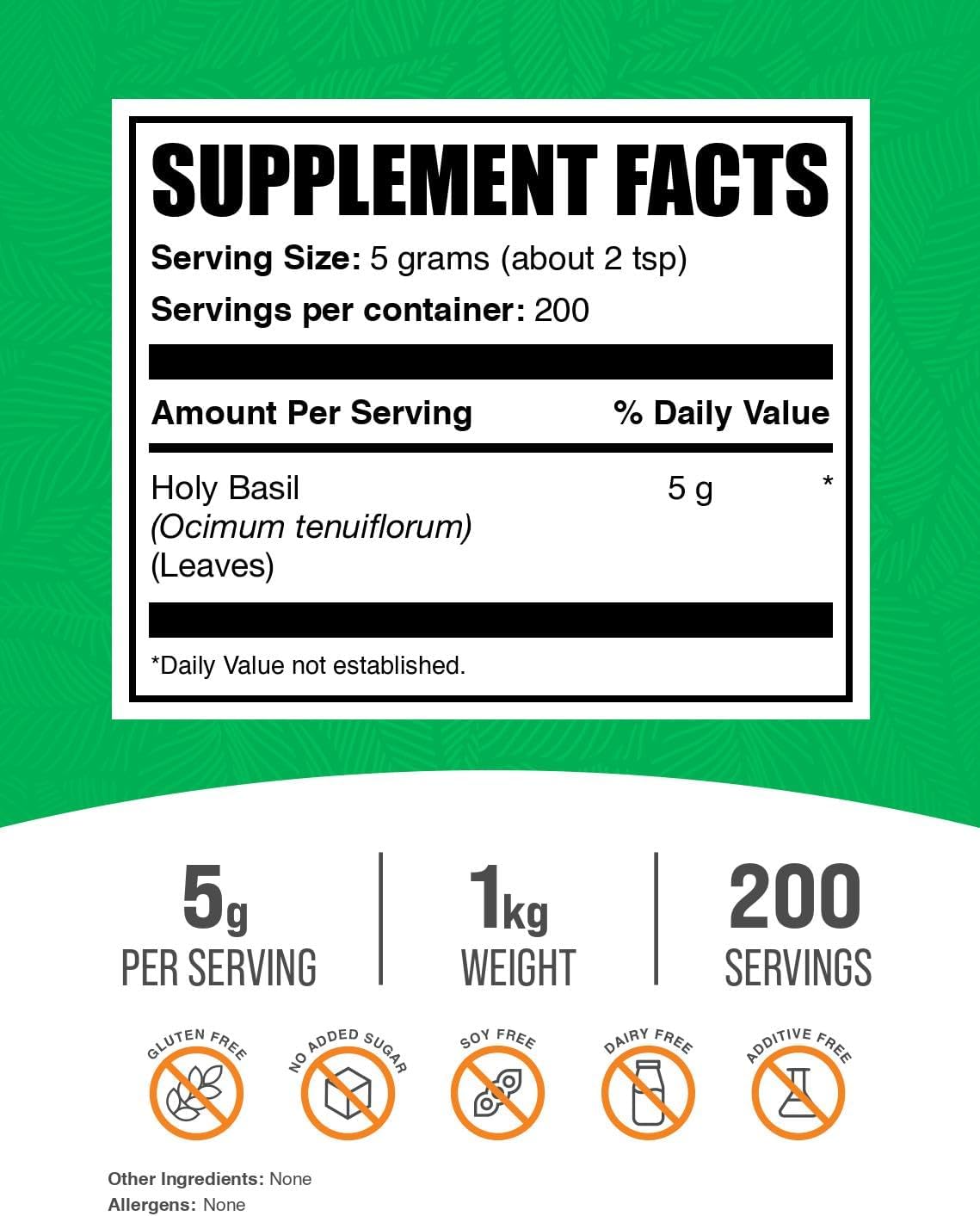 BulkSupplements.com Holy Basil Powder - Holy Basil Supplement, Holy Basil Leaf Powder - Tulsi Holy Basil, Herbal & Gluten Free, 5g per Serving, 1kg (2.2 lbs) (Pack of 1)