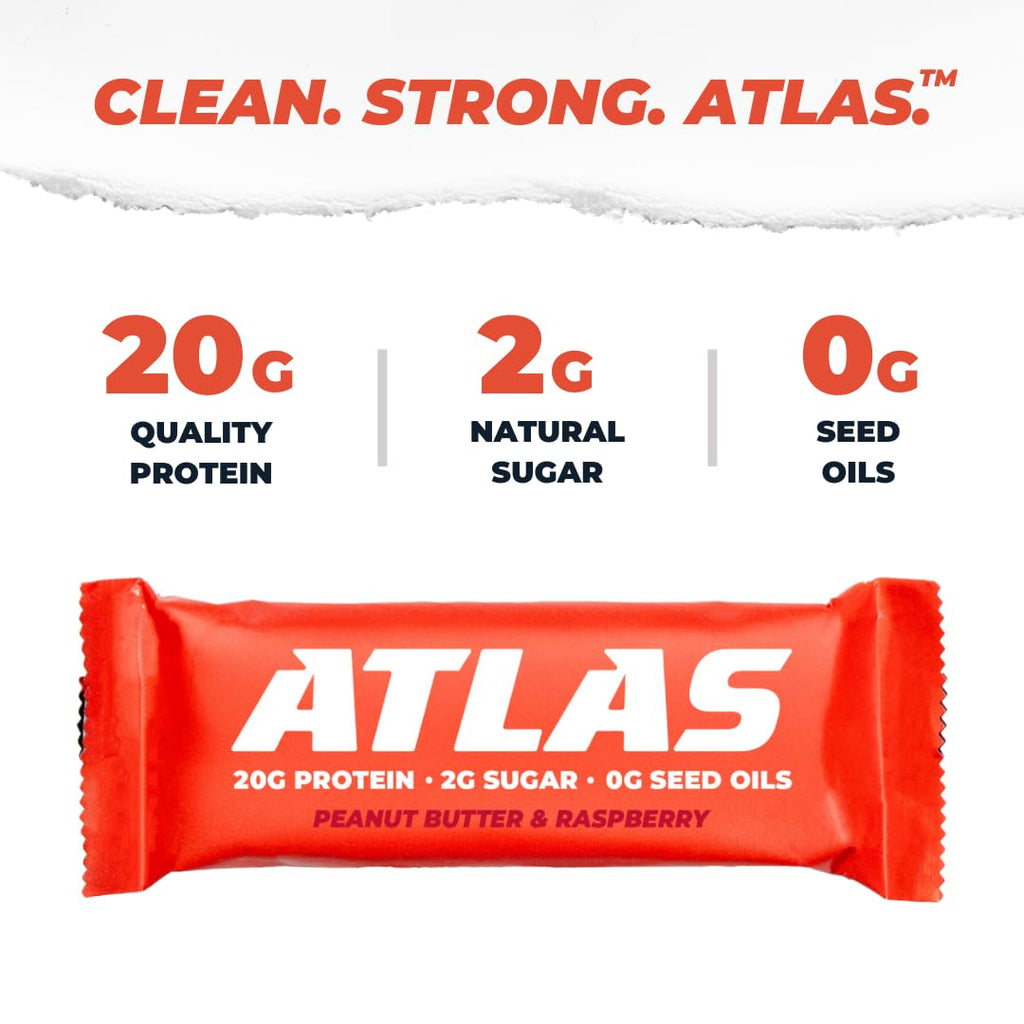 Atlas Protein Bars - 20g Protein, 2g Natural Sugar, 0g Seed Oils (Peanut Butter Raspberry, 24 Count)