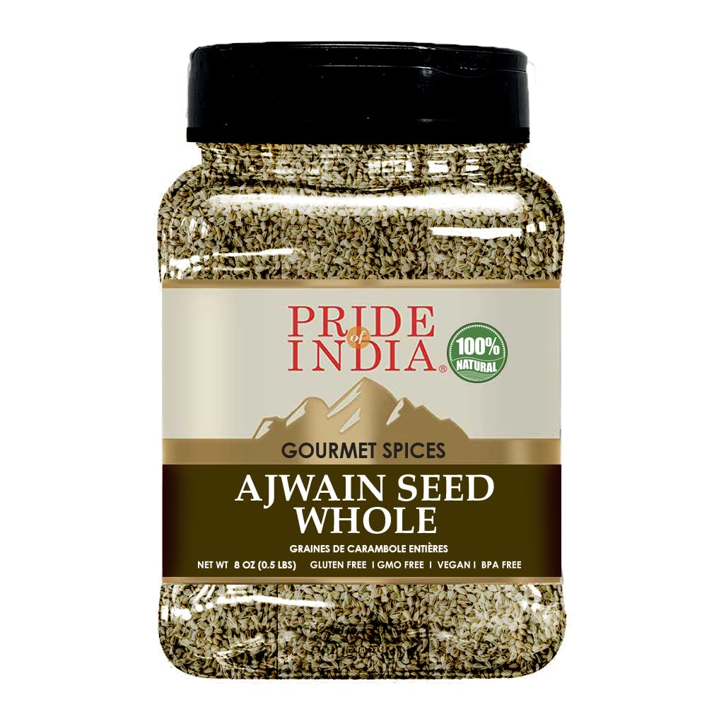 Pride of India | Ajwain Seed Whole 7 oz (200 gm) Medium Dual Sifter Jar | Gourmet Carom Seeds | Flavoring agent for Savory Dishes | Aromatic & Nutrient Dense | Easy to Use