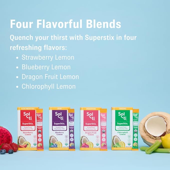Organic Electrolytes + Hydration Drink Mix, Superfood Hydration Sticks, SuperStix by Sol-ti, Non-GMO, Vegan, Strawberry Lemon, 14 Single-Serving Sticks