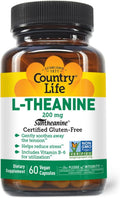 Country Life Suntheanine L-Theanine – 60 Vegan Capsules | Natural Stress Relief Supplement with Inositol | Promotes Relaxation, Focus & Better Sleep | Certified Gluten-Free, Non-Drowsy Formula
