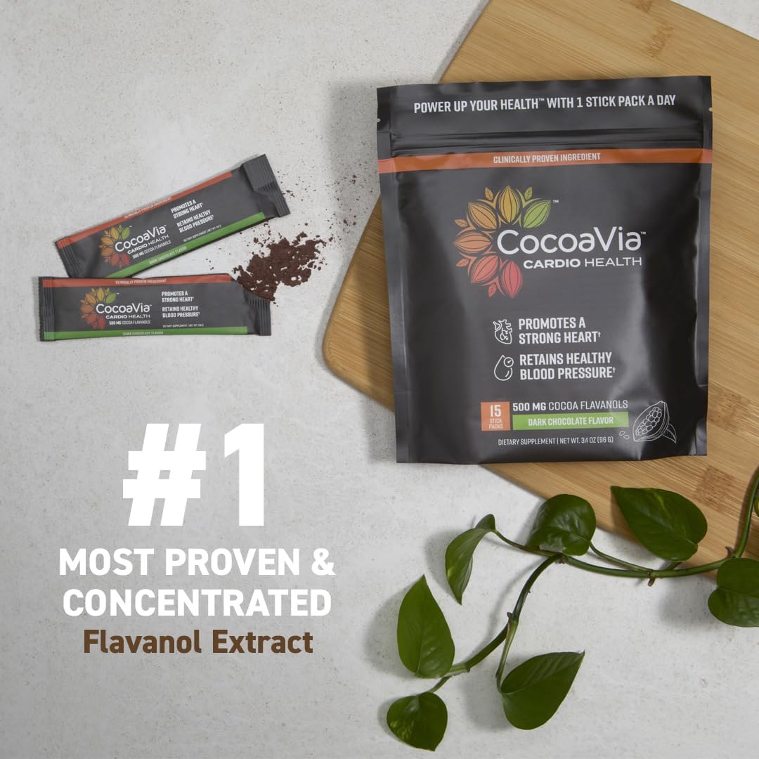 CocoaVia Cardio Health Cocoa Powder, 15 Single Serve Sticks, 500mg Cocoa Flavanols, Support Heart Health, Boost Nitric Oxide, Improve Circulation, Energy, Preworkout, Travel-Friendly, Vegan, Cacao