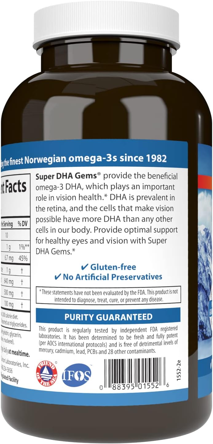 Carlson - Super DHA Gems, 500 mg DHA Supplements, 640 mg Fatty Acids, Wild-Caught Norwegian Arctic Omega 3 Fish Oil Supplement, Sustainably Sourced Fish Oil Capsules, 180 Softgels