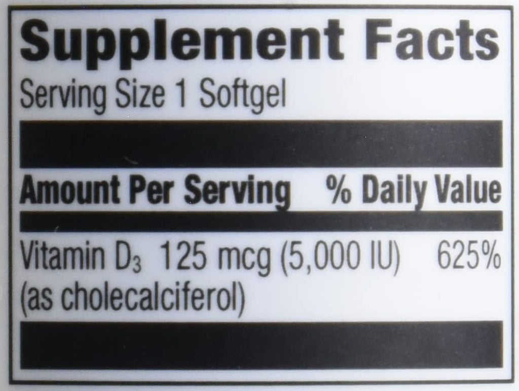 Amazon Elements Vitamin D3, 5000 IU, 180 Softgels, 6 Month Supply (Packaging May Vary), Supports Strong Bones and Immune Health (Pack of 2)