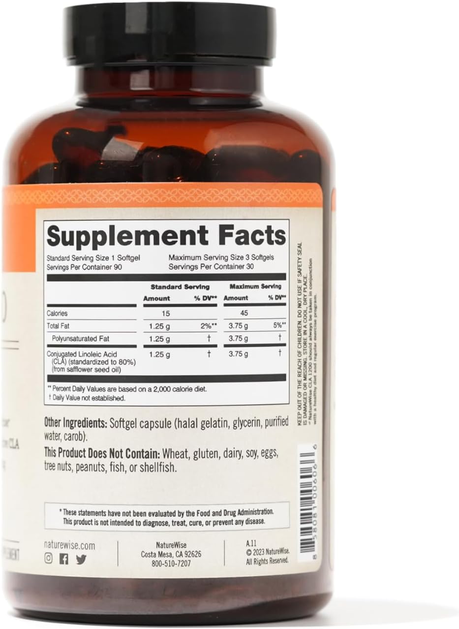 NatureWise CLA 1250 - Conjugated Linoleic Acid Supplement for Women and Men, Not Stimulating, Supports Healthy Weight, Fitness Goals - Non-GMO, Gluten Free - 90 Softgels[1-Month Supply]