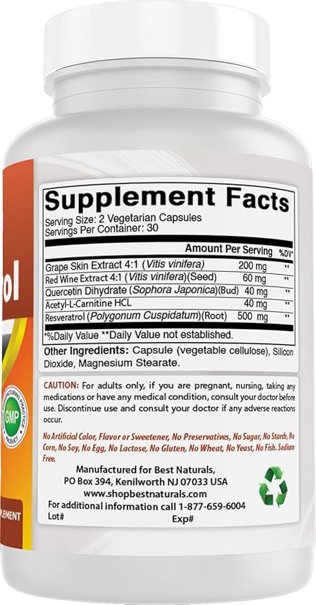 Best Naturals 2 Packs Resveratrol Complex 500 mg 60 Veg Capsules Made with Grape Skin, Red Wine, Quercetin - Gluten Free & Non GMO - (Total 120 Capsules)