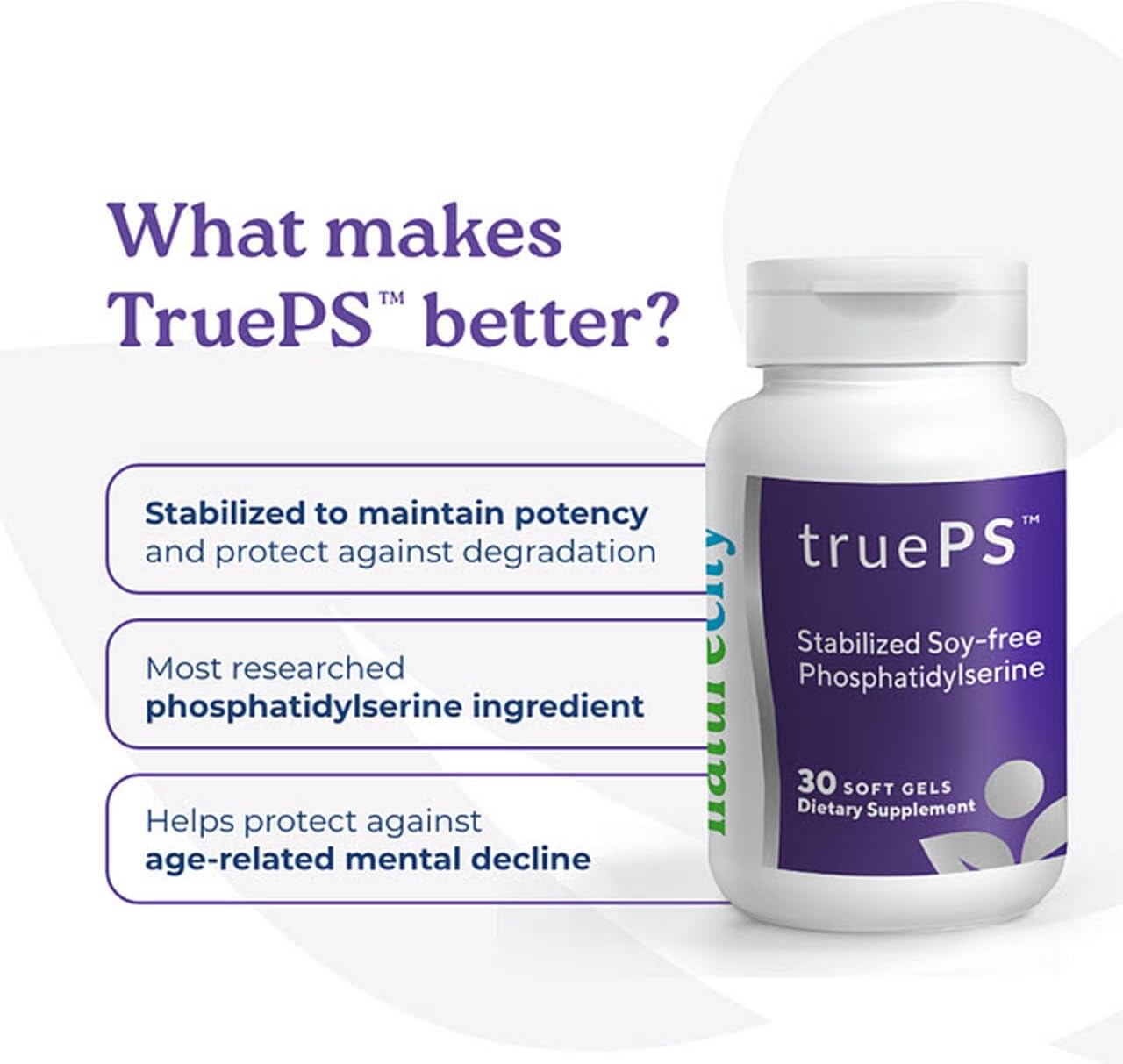 NatureCity True-PS Soy Free Stabilized Phosphatidylserine 100mg Brain Supplements for Memory and Focus - Memory Pills for Brain - Brain Health Supplements for Adults (30 SoftGels)