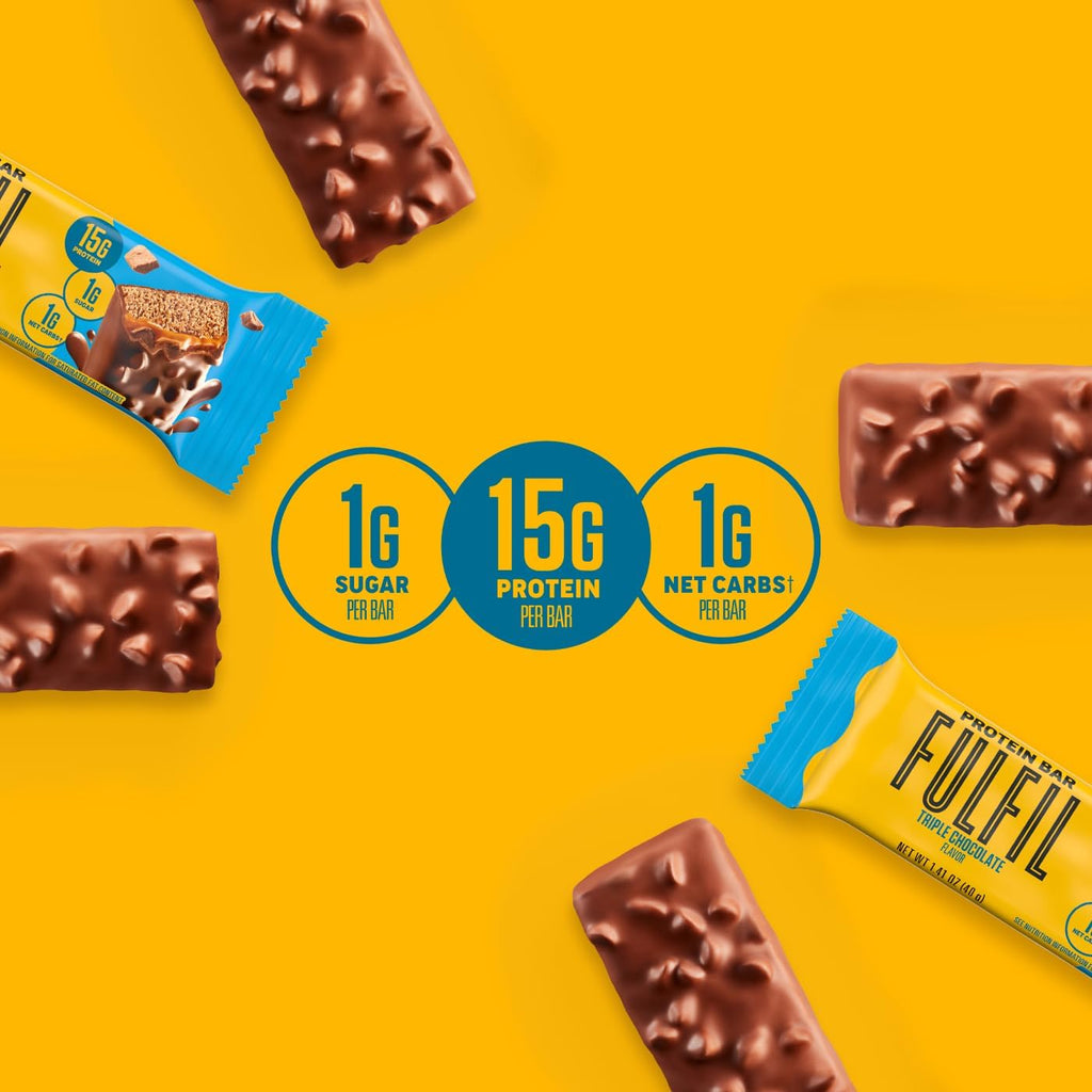 FULFIL Protein Snack Bars Flavored, Triple Chocolate, Gluten Free with 15g Protein, Pantry Staples, 12 Count