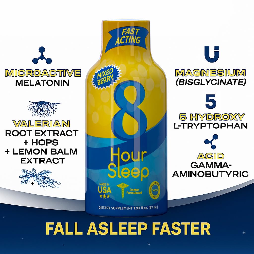 Vitamin Energy 8 Hour Sleep Shot Mixed Berry 8 Pack, Melatonin, 5-HTP, GABA, Valerian, Lavender, Nighttime Relaxation & Sleep Support Supplement, Zero Sugar, Vegan, Gluten-Free, Kosher, 1.93 fl oz