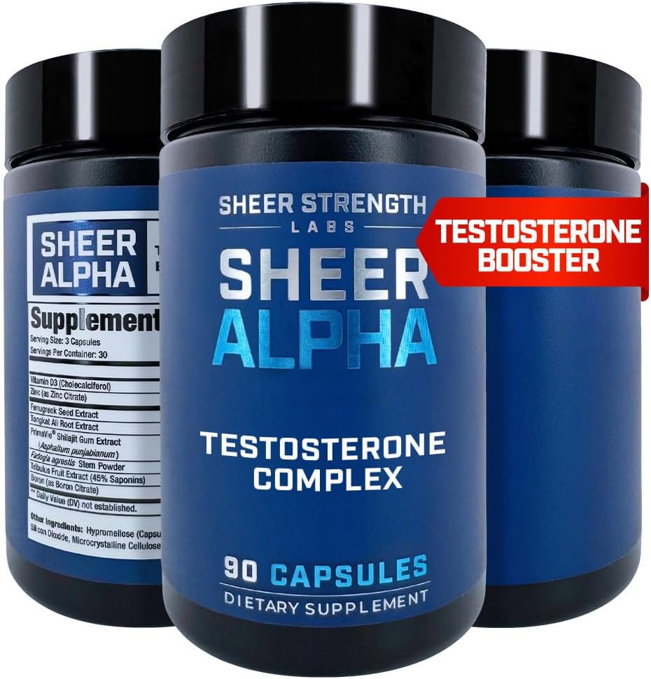 Sheer Strength Labs Testosterone Booster T-Booster for Men - Clinically Backed Dose, Strongest Formula - Made in USA - Premium Blend of Fadogia Agrestis Tongkat Ali and Shilajit. 30 Servings
