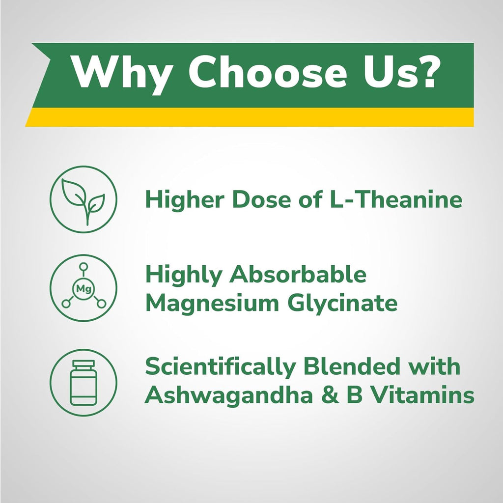 L-Theanine 200mg Supplement, Magnesium Glycinate, Ashwagandha, Inositol, Vitamin B1 B2 B6, No Gluten, Calm, Relaxation, Focus, Cognitive Function, 60 Vegan Caps