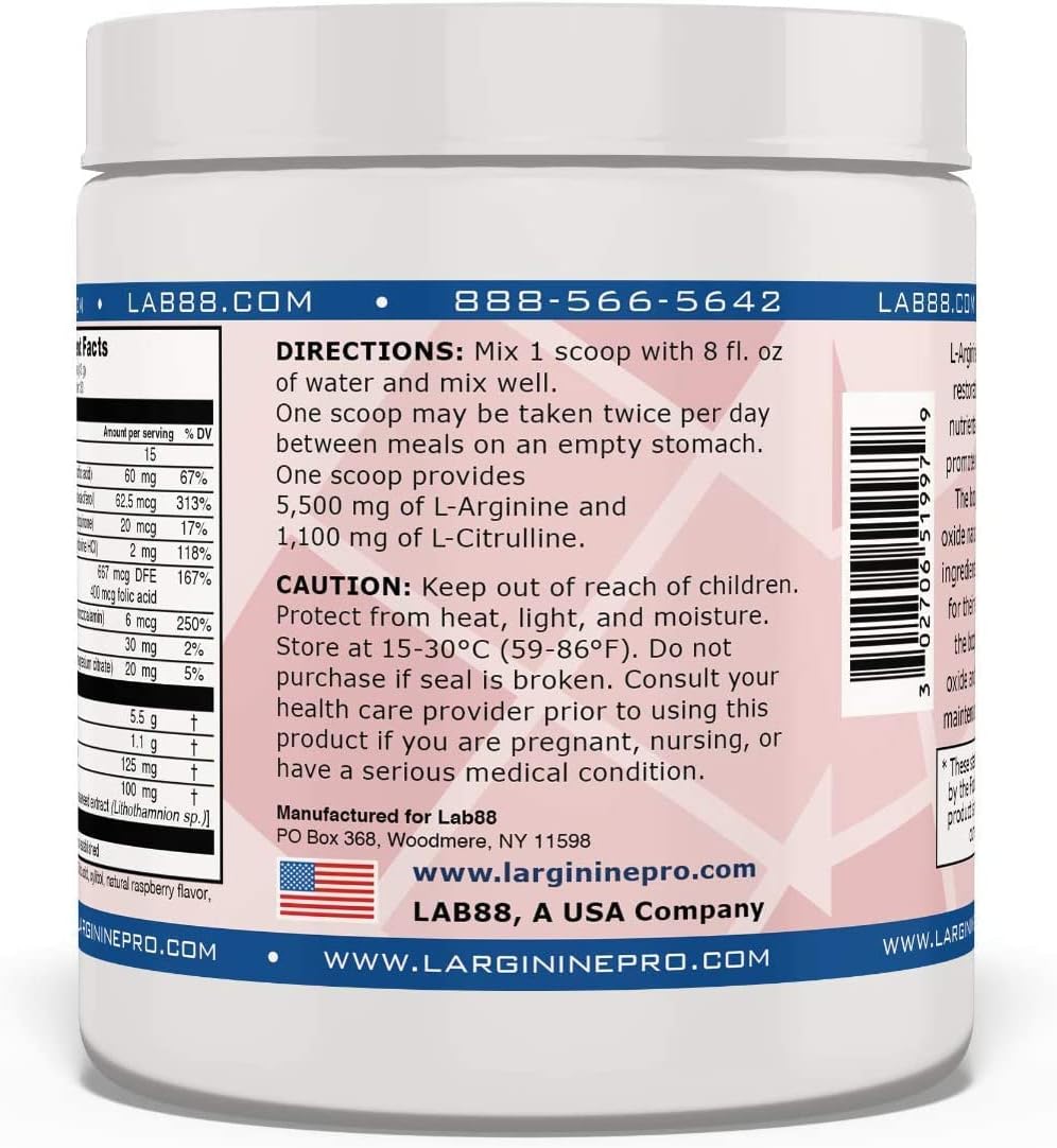 L-ARGININE PRO | 5,500mg L-Arginine Plus L-Citrulline 1,100mg Raspberry Powder Drink Mix Supplement for Increased Nitric Oxide Production
