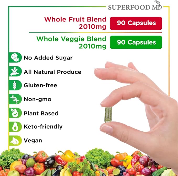 Superfood 180 Fruit and 180 Veggie Capsules - Whole Food Natural Superfoods - Maintain Energy Levels, with Beta Carotene - Soy Free (90 Count (Pack of 4)