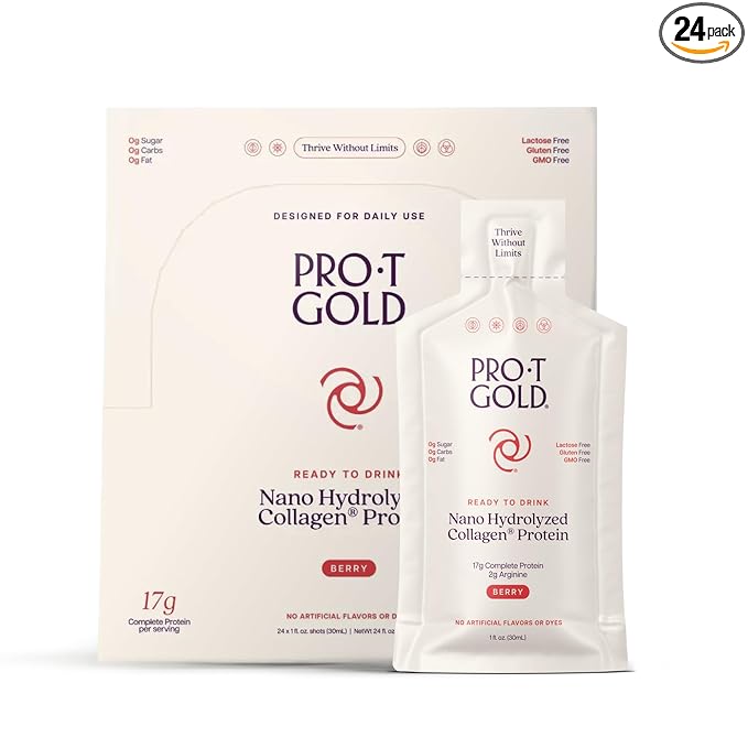 ProT Gold Liquid Collagen Protein Shot, 17g Clear Protein Nano-Hydrolyzed Grass Fed Collagen, 2g Arginine for Wound Support, Gluten Free, Sugar Free, 0g Carbs, Non GMO, Berry, 1 fl oz, 24 Pack