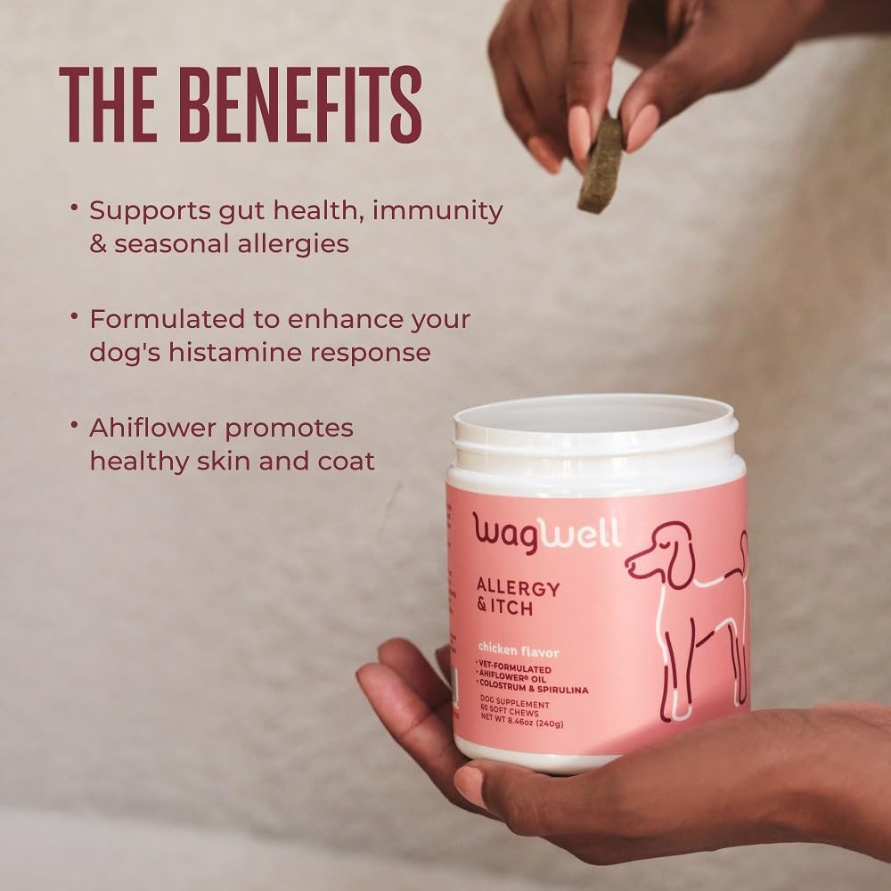 WagWell Allergy & Itch Chews – Vet-Formulated, All Natural, Made in The USA – Plant-Based Dog Allergy Chews with Colostrum and Spirulina – Supports Dog Allergy Relief and Digestive Health, 60 Chews