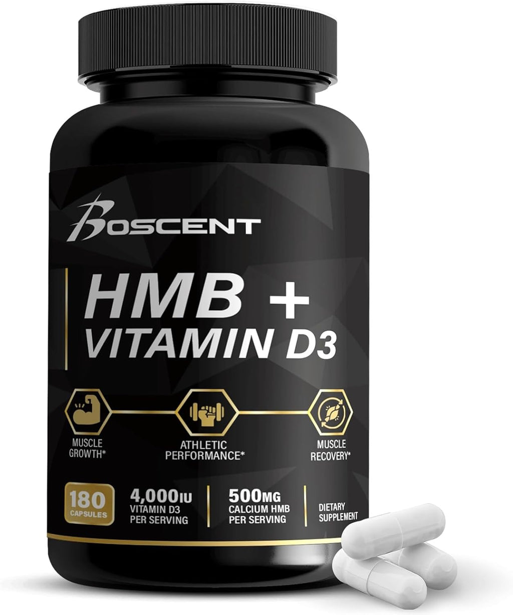 HMB and Vitamin D3 Supplement 1,000 MG (180 Capsules) - HMB Supplements with 4,000 UI of D3 & Calcium - Muscle Growth, Strength & Cure - B-Hydroxy B-Methylbutyrate Butyrate - Muscle Builder for Men