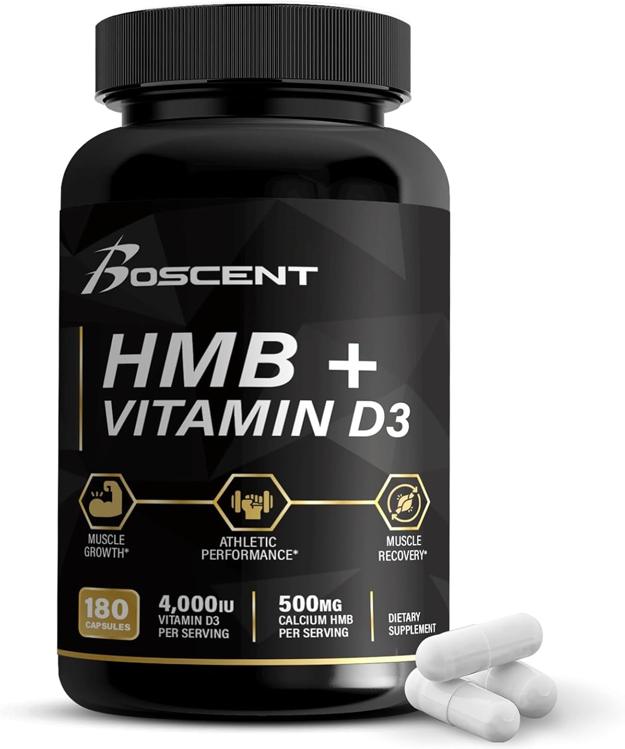 HMB and Vitamin D3 Supplement 1,000 MG (180 Capsules) - HMB Supplements with 4,000 UI of D3 & Calcium - Muscle Growth, Strength & Cure - B-Hydroxy B-Methylbutyrate Butyrate - Muscle Builder for Men