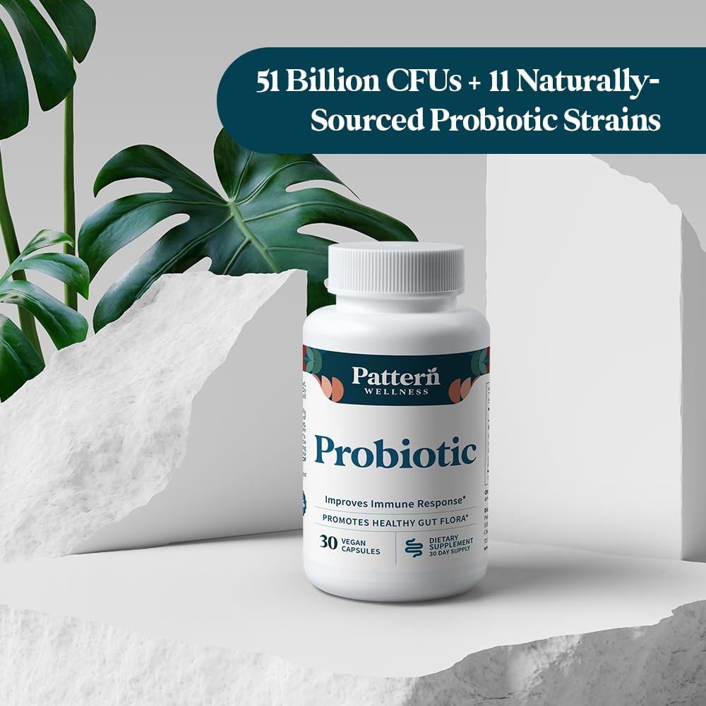 Pattern Wellness Probiotic Supplement - 51 Billion CFU - Supports Digestive Balance & Gut Wellness - Mindfully Sourced, Non-GMO - 30 Vegan Capsules